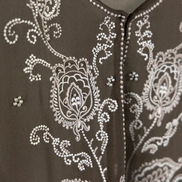 🤎 Vintage 100% Silk Embroidered Sheer Blouse – Brown, Beaded Detail - Picture 6 of 14
